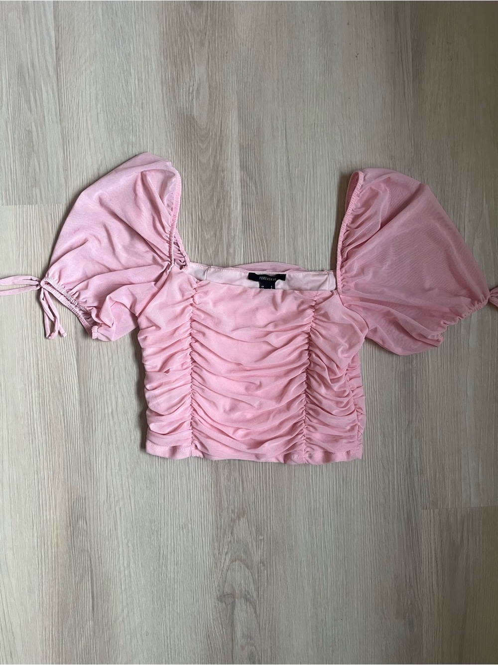 Forever 21 Pink Ruched Puff-Sleeve Crop Top Coquette Girl